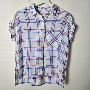 RAILS Whitney Raspberry Azure Linen Blend Button Down Top Short Sleeve